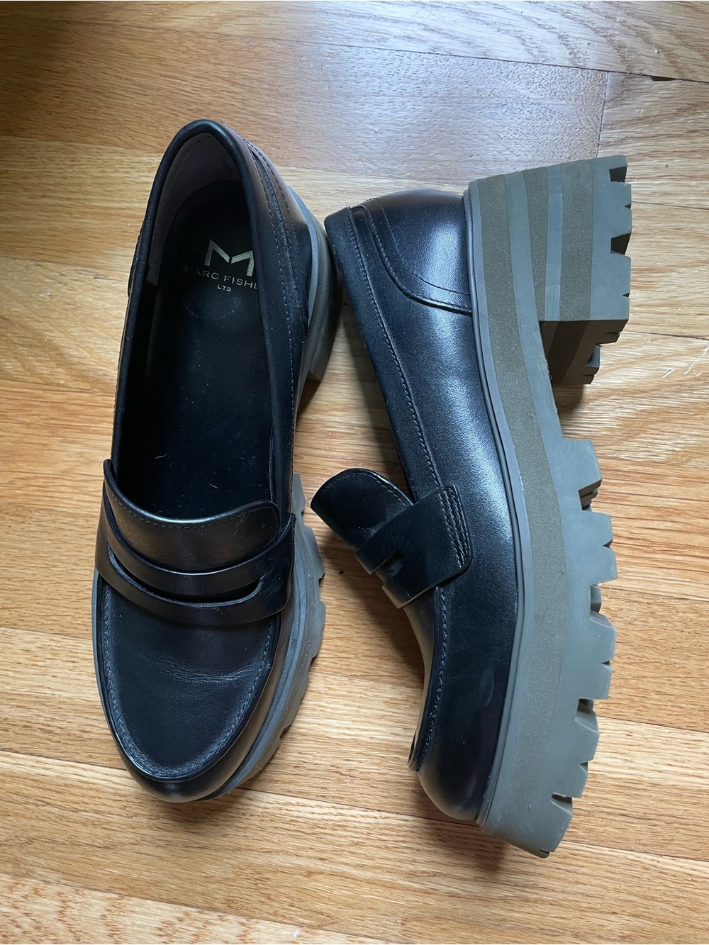 Marc Fisher LTD Black Leather Chunky Sole Penny Loafers